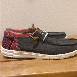 Hey Dude Black and Red Loafers